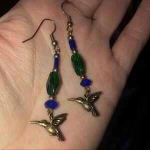 Hummingbird earrings blue beads & silver accents, featuring green beads